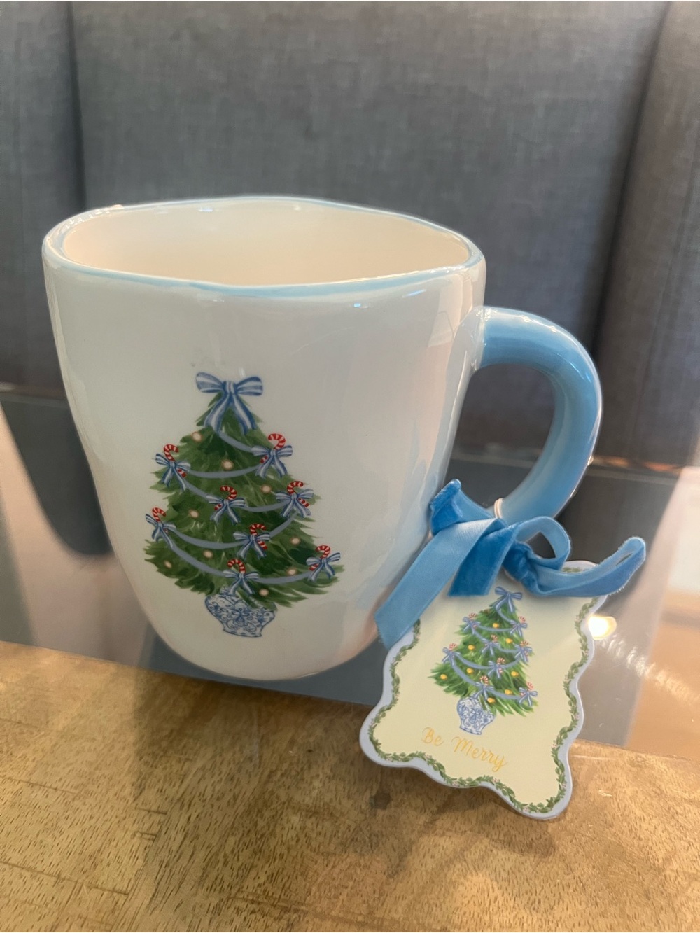 Corinne have designs Holiday Tree Ceramic Mug with Blue Handle